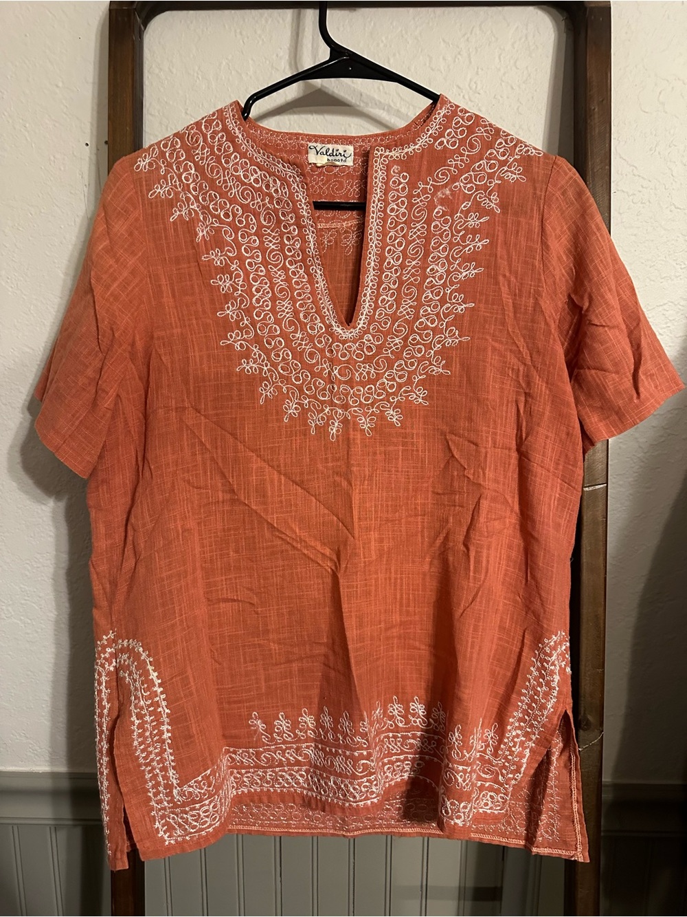 Orange Embroidered V-Neck Tunic Top